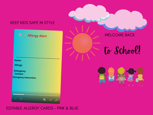 Editable Kids Allergy Alert Cards: Pink & Blue, School Safety (Printable Bundle)